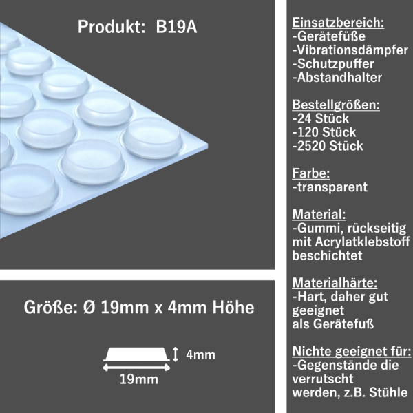 Elastikpuffer B19A selbstklebend transparent, Ø 19,0mm x 4mm Höhe