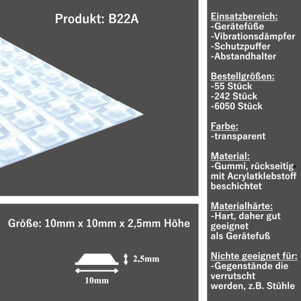 Elastikpuffer B22A selbstklebend transparent, quad.10mm x 10 mm x 2,5mm Höhe